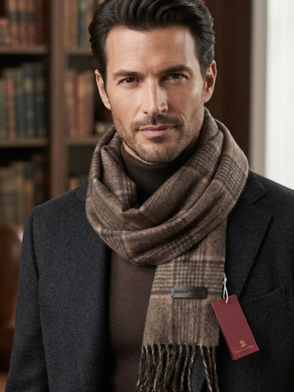 Bruno Magli Brown Plaid Cashmere-Blend Men's Scarf